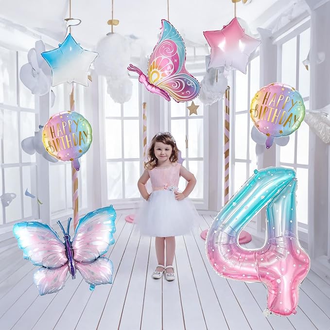 Butterfly Balloons 4th Birthday Decorations for Girls - Gradient Pink Colorful Foil Balloons, Giant Number 4 Foil Mylar Balloon, Butterfly Theme Birthday Party Supplies