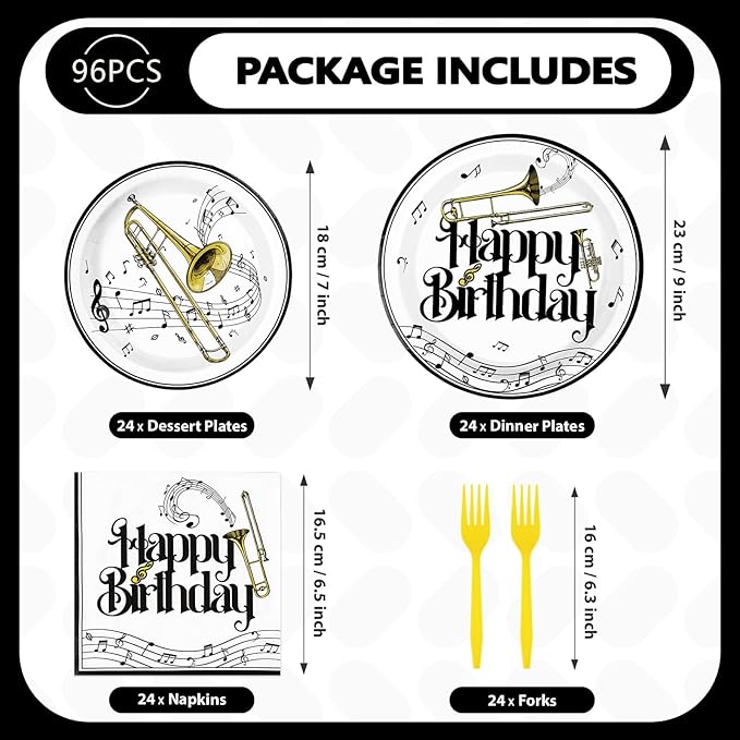 96Pcs Trombone Birthday Party Supplies Trombone Saxophone Birthday Plates and Napkins Musical Theme Birthday Tableware Set for Music Instrument Themed Party Supplies Serves 24