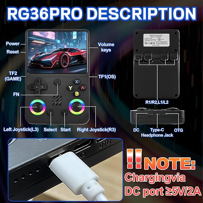 RG36PRO Handheld Game Console - 3.5-Inch Screen, Support 30000+Classic Games, 64G TF Card, Open Source System, 3000mAh Battery, Portable Console for Travel, Gift for Adult or Partner-Black