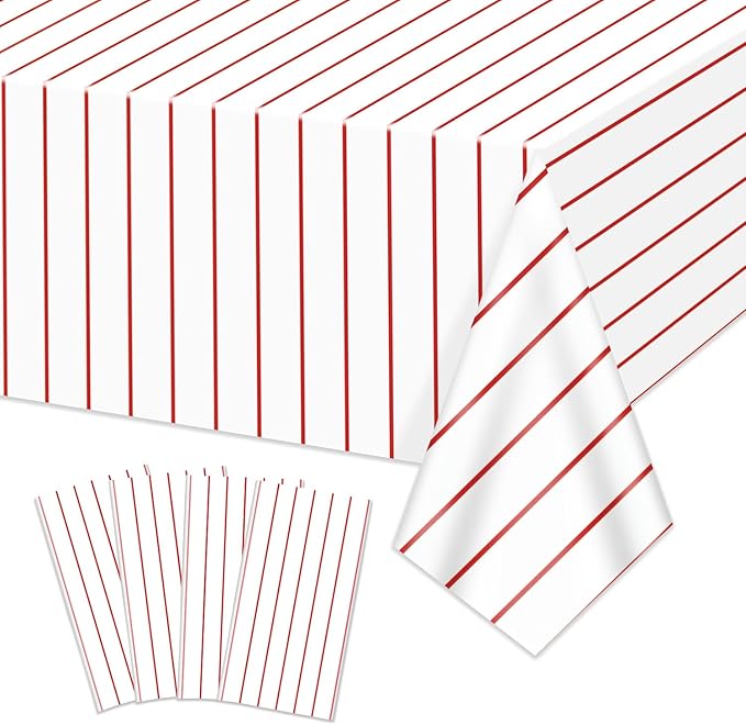 Baseball Tablecloths, 4 Pcs Red and White Stripe Plastic Table Covers for Baseball Birthday Decorations Sports Theme Party Supplies