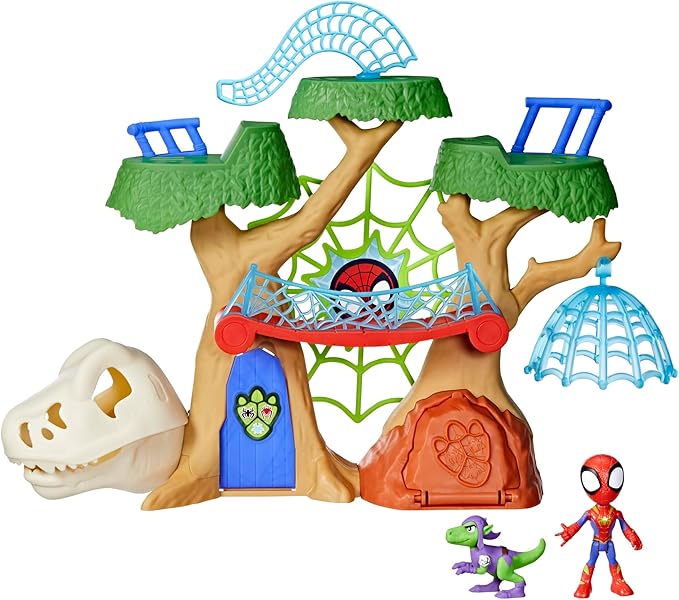 Marvel Spidey and His Amazing Friends Dino-Webs Treehouse Playset, Spider-Man & Goblin Raptor 4-Inch-Scale Action Figure Set, Ages 3 & Up