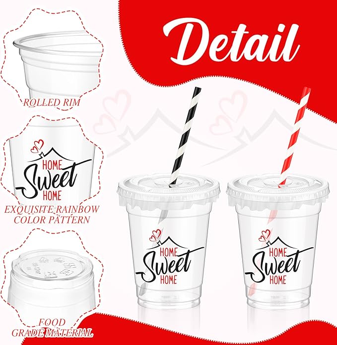 Domensi 50 Sets House Warming Party Supplies Plastic Cup 12 oz Home Sweet Thick Clear Cup Lids Straws Decoration for Welcome Home New House Decoration Supplies