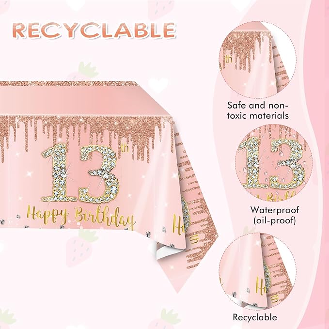 41PCS 13th Birthday Decorations Rose Gold Theme 13 Year Old Girl Birthday Decorations Including Happy Birthday Plates Napkins Tablecloth for Official Teenager 13th Birthday Party