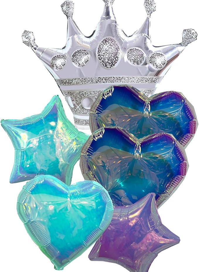 Metallic Star, Heart, and Crown Balloons, Assorted Iridescent Colors