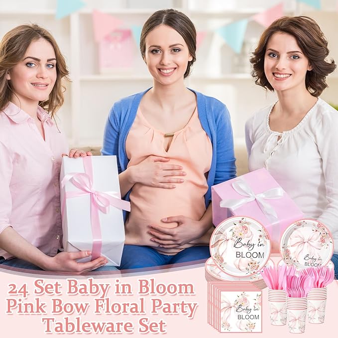 24 Set Baby in Bloom Wildflower Floral Party Tableware Set for Baby Shower Girl Birthday Decorations Coquette Pink Girl Bow 9" 7" Paper Plates Cups Napkins Party Supplies Dinnerware