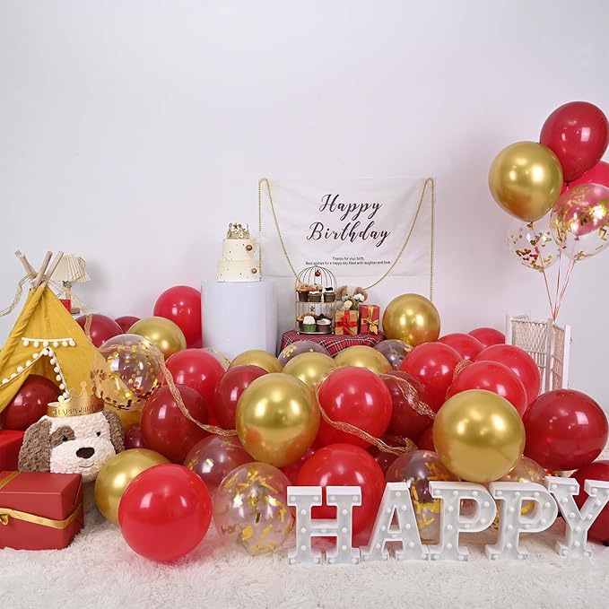 Red and Gold Balloon, 60 Pack 12 Inch Different Shades Red Party Balloons, Dark Red and Metallic Gold Confetti Balloons for Women Wedding Bridal Shower Birthday Christmas Party Decorations