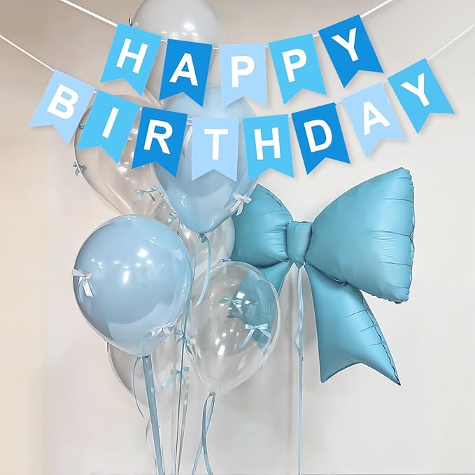 Blue Bow Birthday Decorations, Blue Happy Birthday Banner with Satin Ribbon Mini Bows Decor, White and Clear Balloons and Bow Foil Balloon for Girls Birthday Bows Theme Party Supplies