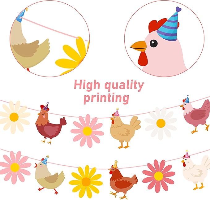 Chicken and Daisy Banners Chicken Birthday Party Decorations 2PCS Chick Hen Boho Flower Cutout Banner Farm Theme Decor for The Chick is One Birthday Party Supplies