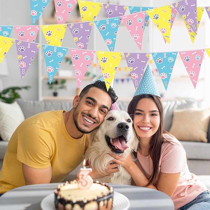 Tiamon 5 Pcs Blue Dog Paw Themed Birthday Banner Decoration Daisy Puppy Print Pennant Bunting 49.2 Ft Puppy Paw Print Triangle Flag for Kids Boy and Girl Birthday Dog Baby Showers Party Decoration