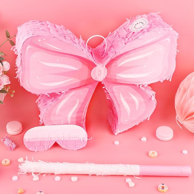 Hooqict Pink Bow Pinata with Blindfold and Bat Stick Pink Girls Pinata for Birthday Party Girls Kids Bow Birthday Party Supplies Decorations (Small Size 16"x13"x3")