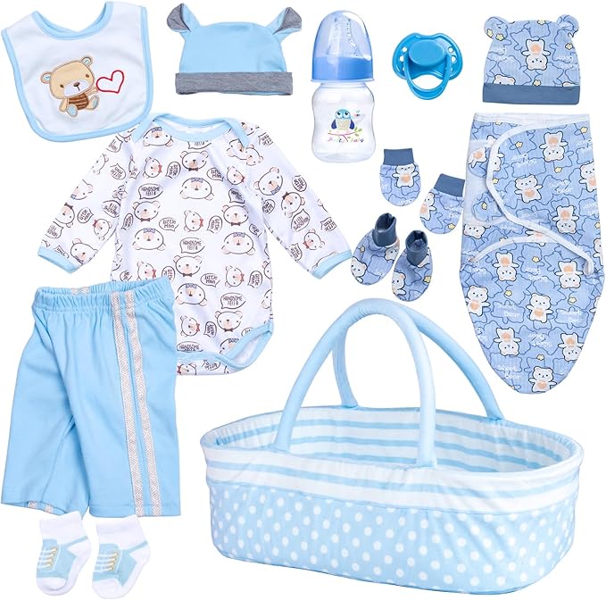 Reborn Baby Doll Clothes 12pcs for 17-22 Inch Reborn Dolls Clothes Accessories Blue Luxurious Gift Set (Bassinet+ Blanket)