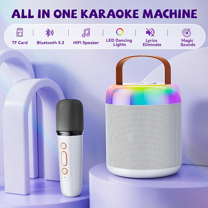 Mini Karaoke Machine for Kids, Portable Bluetooth Speaker with Wireless Microphones, Gift for Girls Toys 4, 5, 6, 7, 8, 10, 12+ Years Old Birthday Family Home Party(Y2-White-1 Mic)