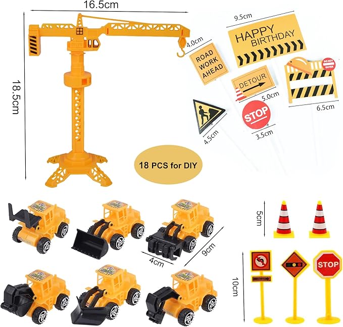 18 PCS Construction Cake Toppers Vehicles Cake Decoration Set Excavator Tower Crane Cupcake Topper Traffic and Road Sign Decor Happy Birthday Party Supplies Favors
