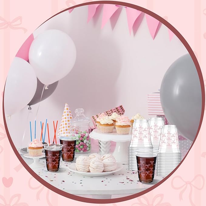 50 Pcs Pink Bow Snack Cups 12 oz Bow Plastic Cups Lovely Bowknot Tumbler for Birthday Wedding Party Supplies