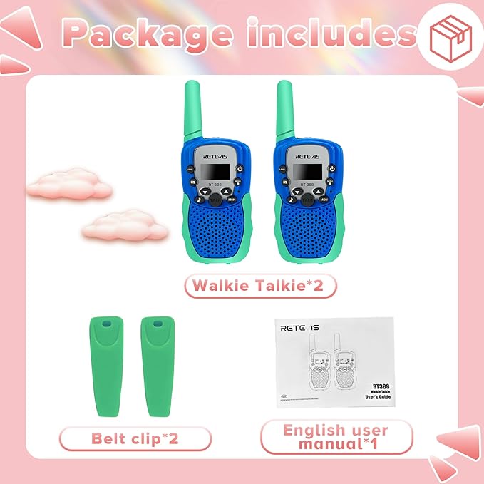 Retevis RT388 Walkie Talkies for Kids, Toys for 6-12 Year Old Boy Girl, Long Range 2 Way Radio 22 Channel with Backlit LCD Flashlight, Kids Gifts for Boys Girls Family Games Outdoor(Blue Green 1 Pair)
