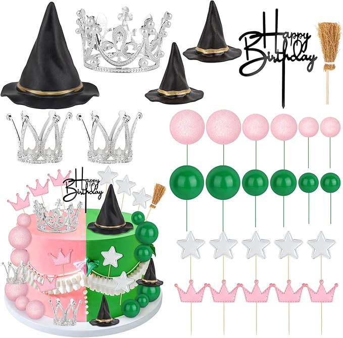 Hooqict 30 Pieces Pink and Green Cake Decorations with Mini Black Witch Hat, Silver Crown, Broom, Happy Birthday Cake Topper for Girls Women Princess Witch Birthday Party Decorations Supplies