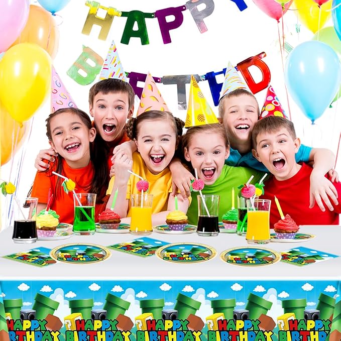 Super Bros Party Tableware, 20 Plates and 20 Napkins and Tablecloth71 '' x 42 ''Super Bros Birthday Party Decorate Supplies