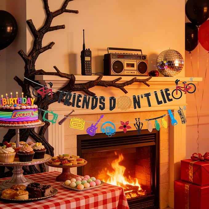Glitter Friends Don't Lie Banner for Birthday Party Decorations Upside Down Friendship Banner Stranger Party Decorations for Boys Girls 80s Retro Party Supplies Birthday Backdrop Wall Decors Photo Props