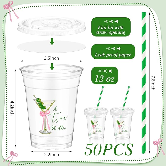 Domensi 50 Pcs Martini Birthday Party Plastic Cup 12 oz a Tini Bit Older Green Martini Pink Bow Thick Clear Cup for Girls Women Bar Birthday Bachelorette Bridal Shower Party Supplies