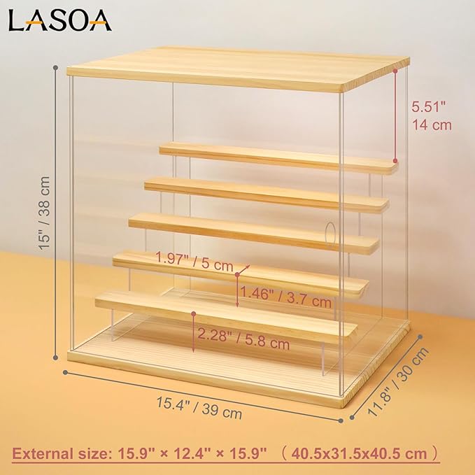 LASOA Acrylic Display Case with Adjustable LED Lights, 6 Tier Clear Display Box for Action Figures and Collectibles, Self-Assembly Showcase with Wooden Base for Miniatures, 15.4x11.8x15inch