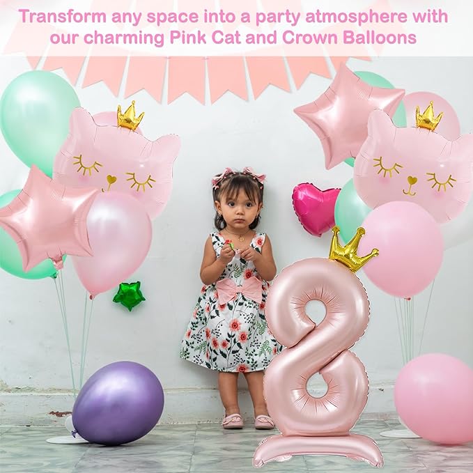 Pink Cat Balloon Set, Crown Cat Foil Balloon, 8 Year Old Girl Birthday Party Decoration, Cat Theme Party Decoration, Theme Party Supplies for Girls Kitten Pet Cat (8)