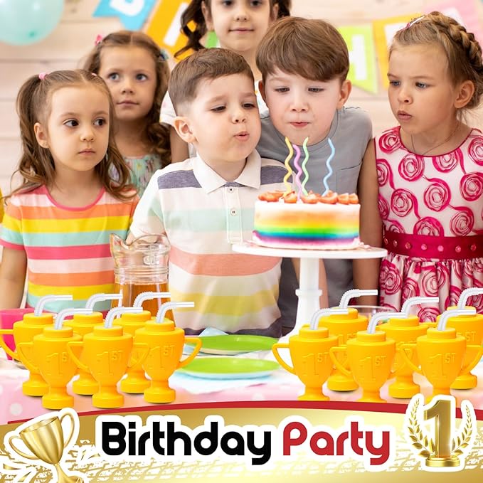 Amyhill 24 Pcs Race Car Trophy Cups With Straws and Lids 12 Oz Plastic Race Car Birthday Party Supplies And Favors For Kids Adults Props Rewards Winning Prizes Competitions (Gold)