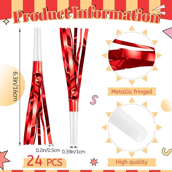 Sumind 24 Pcs Red Noise Makers Glitter Noise Makers Metallic Fringed Party Blowers for Adults Birthday Graduation Sporting Events 2026 New Years Party Favor Supplies