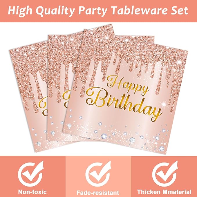 ZOIIWA 96 Pieces Happy Birthday Tableware Set for Pink Rose Gold Table Decorations Supplies Dessert Plates Napkins Forks Women 24 Guests Disposable Party Favors