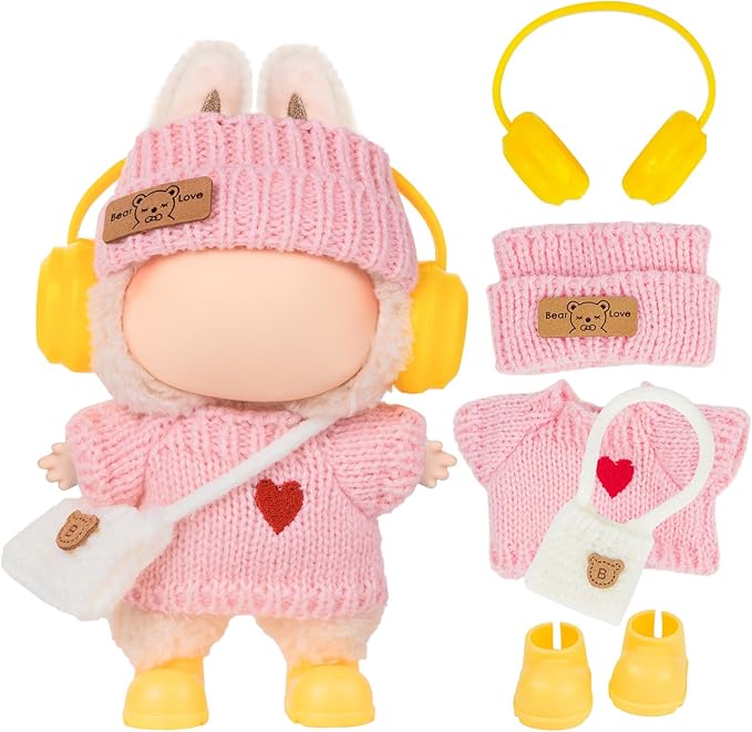 17cm Doll Clothes Accessories - Pink Knit 5-Piece Outfit (No Doll) with Mini Hat, Ear Muffs, Shoes, Bag for 6.7 Inch Dolls Doll Clothing