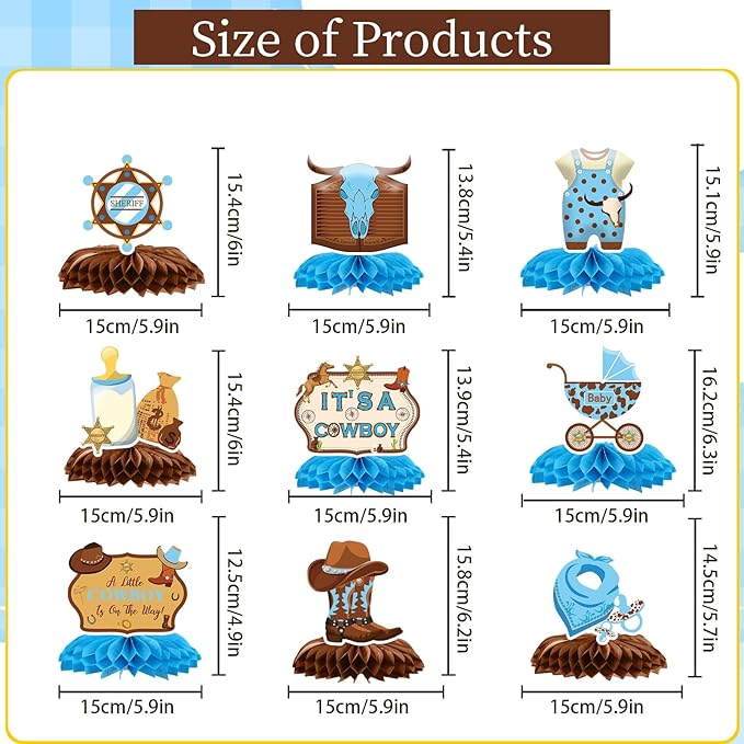 Gameza Western Cowboy Baby Shower Decorations, 9PCS a Little Cowboy is on The Way Baby Shower Honeycomb Centerpiece Decoration, Western Themed Gender Reveal Decor Supplies