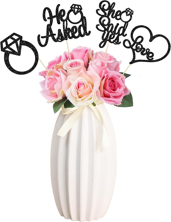 Gyufise 12Pcs He Asked She Said Yes Centerpiece Sticks Double Sided Love Heart I Do Ring Table Centerpiece Sticks for Wedding Engagement Bridal Theme Party Supplies Black