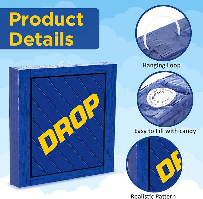 Drop Piñata for Kids Birthday Party 14.2 x 14.2 x 2.36 Inches Video Game Theme Piñata with Bat Blindfold and Confetti for Baby Shower Gaming Photo Props Decoration