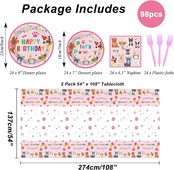 98pcs Dog Birthday Party Decorations Puppy Tableware Set Plates Napkins Pink Dog Theme Tablecloth for Girl Birthday Lets Pawty Party Supplies Kit Pet Dogs Table Cover Dinnerware Paw Print Theme Favors