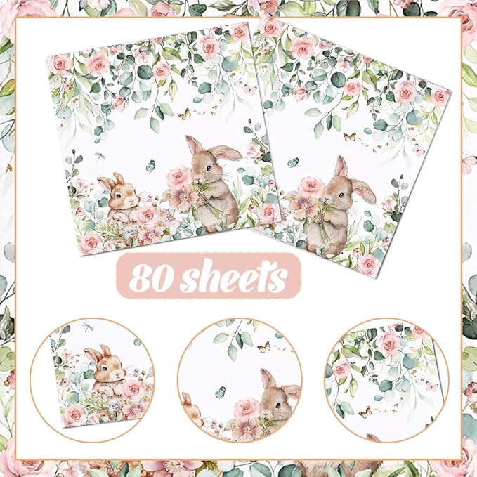 80Pcs Spring Easter Bunny Paper Napkins Cute Rabbits Disposable Napkin Bunny Printed Decorative Napkins Party Supplies Table Decor