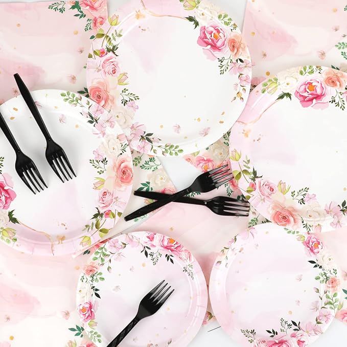 gisgfim 96 Pcs Floral Party Plates and Napkins Party Supplies Pink Spring Theme Flower Party Tableware Set Watercolor Floral Tea Party Decorations Favors for Bridal Baby Shower Serves 24