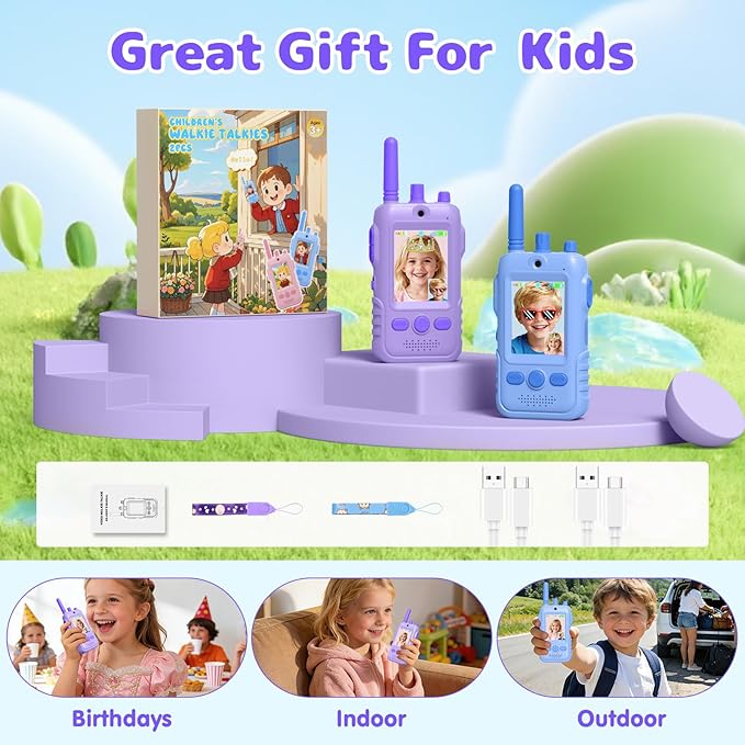 Walkie Talkies for Kids Video Toys, 2Pack Rechargeable Video Intercom Kids Walkies Talkies with 2.0" IPS Screen & Long Range, Outdoor Christmas Birthday Gifts for Boys Girls 3-12 Year Old