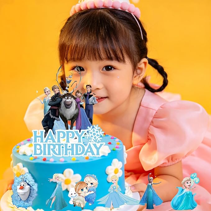 7Pcs Cute Blue Princess Birthday Cake Decorations，1 Large, 6 Small Snow Theme happy Birthday Cake Toppers，For Ice Birthday Party Supplies (E)