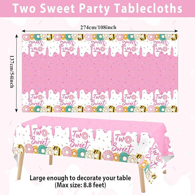 ZOIIWA 3 Pack Two Sweet Donut Birthday Party Tablecloths Decorations Girls Donut Themed Plastic Table Covers for Baby Girl 2nd Birthday Supplies Pink Party Favors Table Decor 54 x 108 Inch