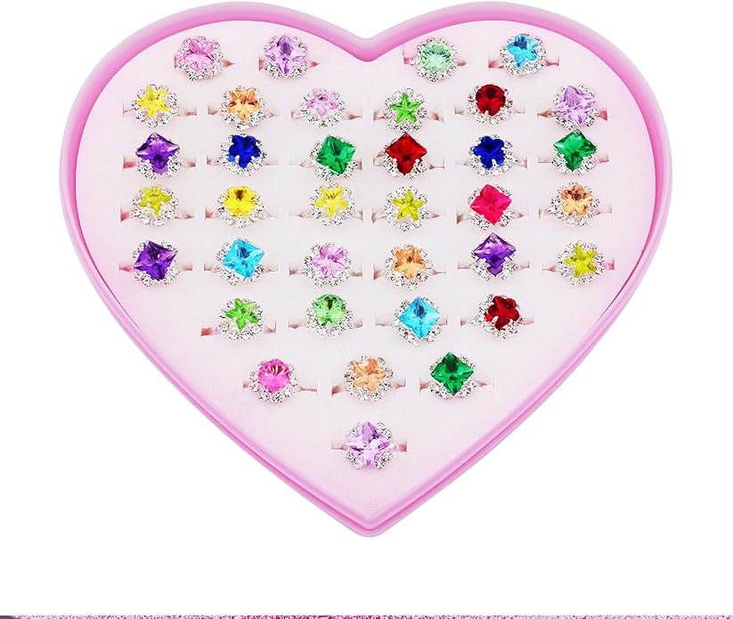 36pcs Little Girl Adjustable Rhinestone Gem Rings Set with Heart Shape Display Case, Jewelry Rings for Kids Pretend Play and Dress Up
