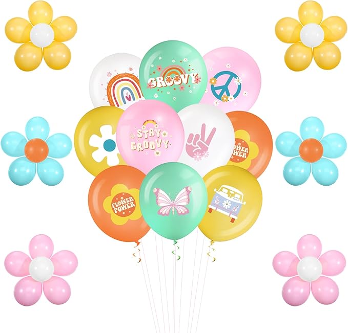 Hiboom 72 Pcs Groovy Retro Hippie Balloons Boho Peace Party Decor 12 Inch Rainbow Daisy Flower Butterfly Peace Sign Latex Balloons for Kids Girls Two Groovy Birthday Party Decoration Supply(Fresh)