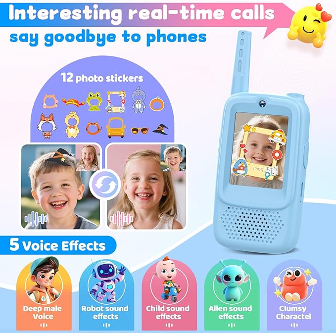 Video Walkie Talkies for Kids, 2 Pack Rechargeable Video Intercom Kids Walkies Talkies with HD Camera & Voice, Indoor Outdoor Games,Camping, Hiking for Boys Girls 3-12