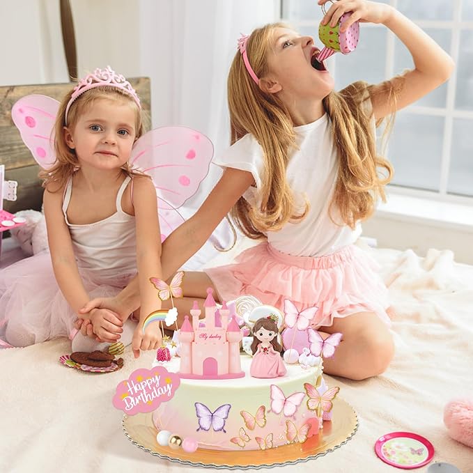 Hooqict 33PCS Princess Cake Decorations Set with Butterflies, Balls, Castle Cake Toppers & Cupcake Toppers for Girls Princess Birthday Party Decorations Tea Party Supplies