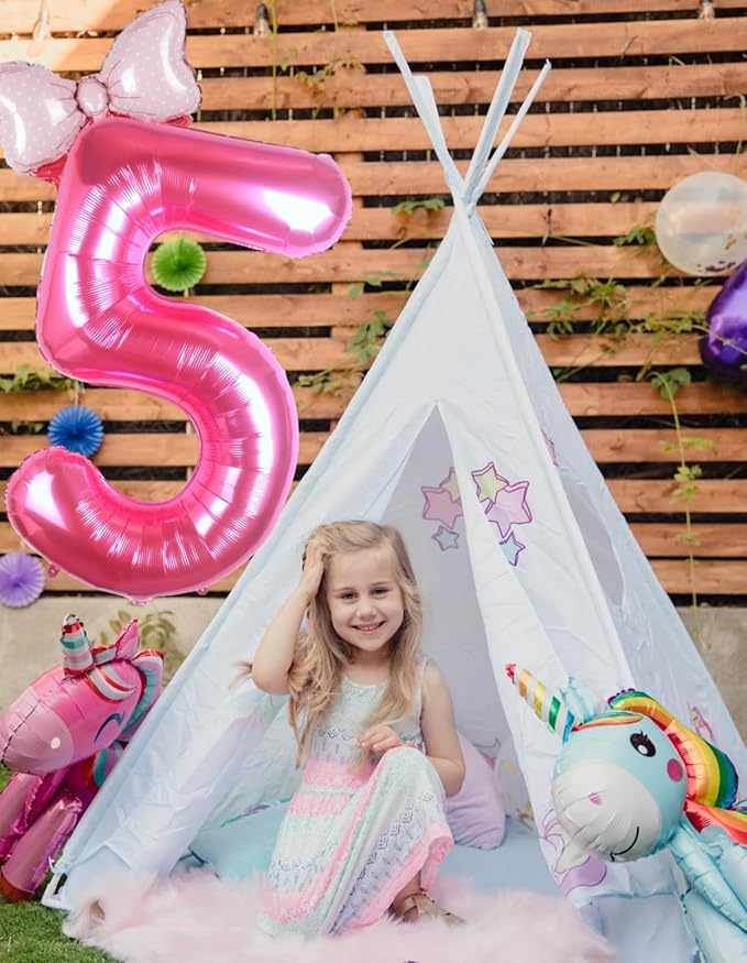 40 Inch Pink Number 5 Balloon with Mini Bow Balloon for Girls 5th Birthday Decorations, Pink Girl Princess Western Cowgirl Theme Birthday Party Balloons Decorations Supplies
