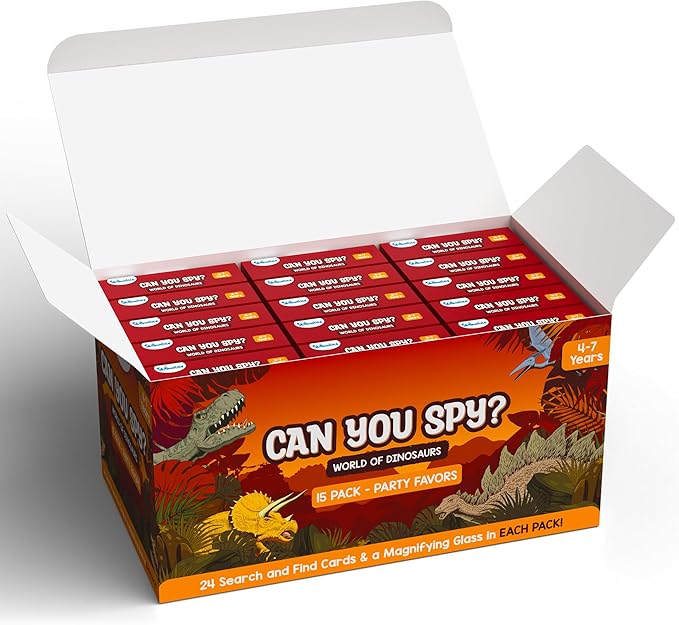 Skillmatics Party Favors (Pack of 15) - Can You Spy Dinosaurs Cards Set, Goodie Bag, Play Search & Find Educational Games, Gifts for Girls, Boys, Friends Ages 4, 5, 6, 7