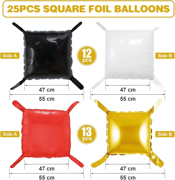 Black Red Gold Square Foil Balloon Wall,25Pcs Double Sided Foil Balloons Backdrop Helium Polyester Tunnel Arch Garland Kit for Birthday Bridal Anniversary Baby Shower Party Decorations