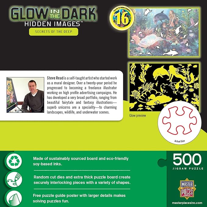 Masterpieces 500 Piece Glow in The Dark Jigsaw Puzzle for Adults, Family, Or Kids - Secrets of The Deep - 15"x21"