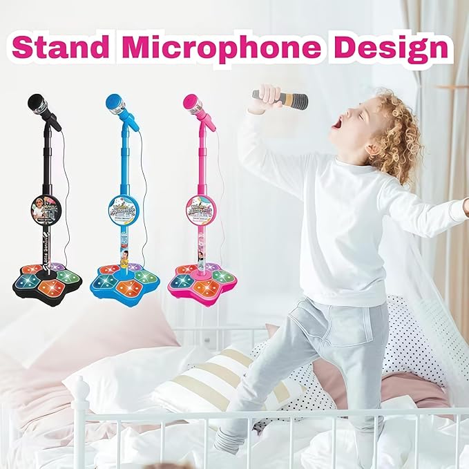 Microphone with Stand, Built-in Music, Colorful Lights, Echo Effects, Portable Karaoke Machine for Singing, Music Play, Fun and Easy-to-Use, Gifts for Musical Lover (1-Pink)