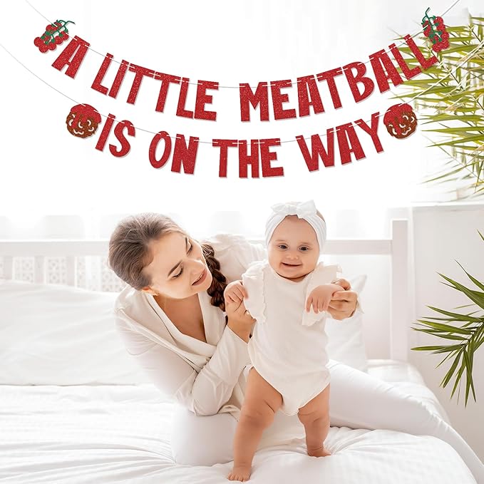 A Little Meatball is on the Way Banner - Italian Tomatos Meatball Baby Shower Decorations New Parents Italian Food Pasta Baby Shower Party Supplies Red Glitter