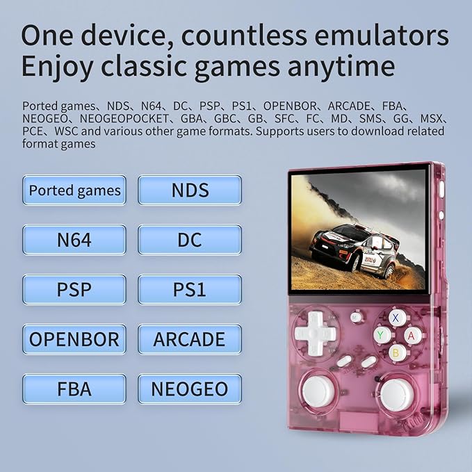 G350 Handheld Game Console , 3.5 Inch IPS Screen Linux System 3200 mAh Battery 4371 Games Preloaded , Portable Retro Video Games Console Support Controller and Earphone (Transparent Pink)