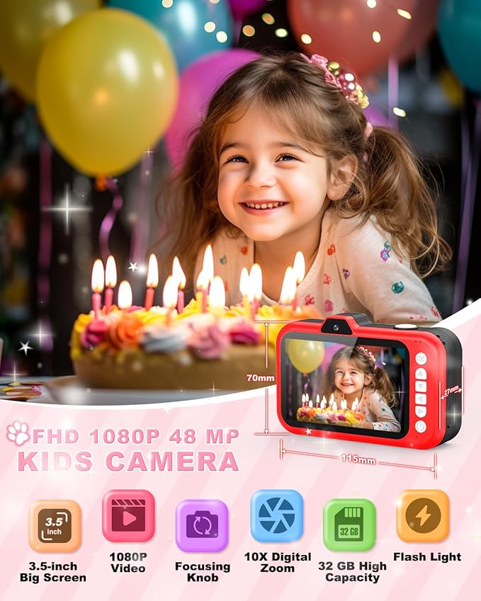 Kids Camera, 1080P 48MP Front Selfie Toddler Camera, 3.5 inch Big Screen Toy Camera, 10X Zoom in Chritmas Birthday Gift Cameras for Kids Boys Girl Age 2 3 4 5 6 7 8 9 10 11 12, Red